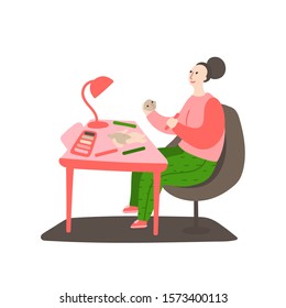 Daily life and routine by young woman. Girl paints a face with a porcelain doll. Female puppeteer working on her doll. Concept of a creative hobby. Flat cartoon vector illustration