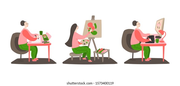 Daily life and routine by young woman. Girl paints a picture on paper, canvas and graphic tablet. Female artist painting art picture. Concept of a creative hobby. Flat cartoon vector illustration