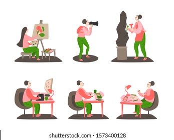 Daily life and routine by young woman with hobby. Female draws, photographs, makes sculpture, makes design, creates a doll. Bundle of hobby scenes. Flat cartoon vector illustration