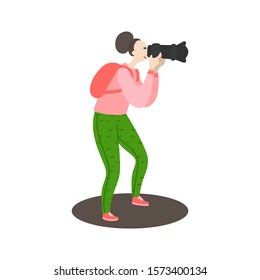 Daily life and routine by young woman. Girl photographs on a professional camera. Female photographer takes creative photo. Concept of a creative hobby. Flat cartoon vector illustration
