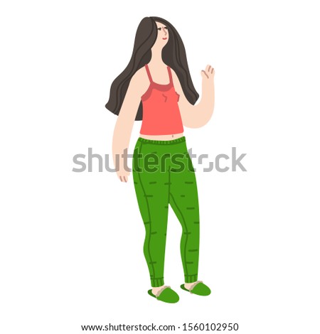 Daily life and routine by young woman at home. Female character in home clothes. Flat cartoon vector illustration
