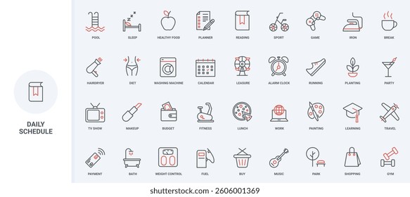 Daily life routine and modern lifestyle, schedule for day line icon set. Everyday food and bath at home, music and book to relax, shopping thin black and red outline symbols vector illustration
