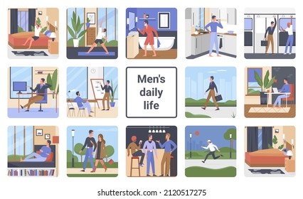 Daily life routine of young man set vector illustration. Cartoon everyday activity of male character, businessman working at office workplace, guys meeting in bar at weekend collection background