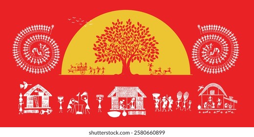 Daily Life in Rural India: A Visual Narrative in Warli Art. ay in the Life of a Rural Community. Warli art, Indian, tribal art, Warli painting, Rural Indian life.