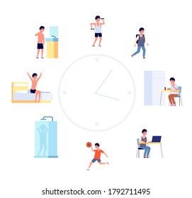 Daily life schedule. Cartoon kid routine, boy activities. Flat cute child sleeping eating by the clock, baby lifestyle vector illustration