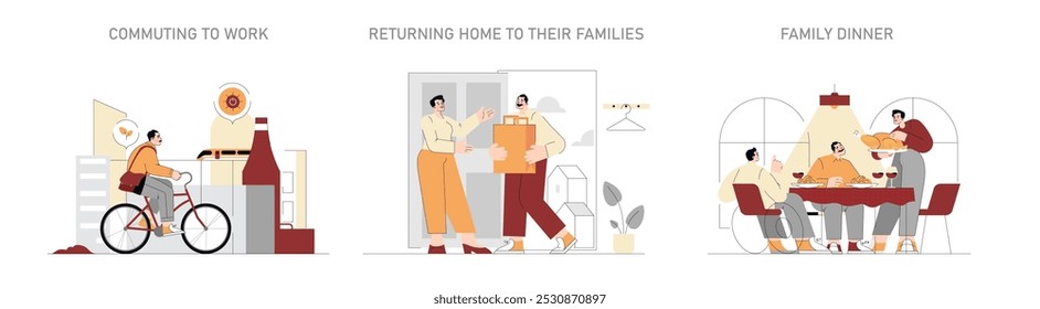 Daily Life Set. From morning bike commute to family welcome and dinner time. Urban routine and home warmth in simple living. Vector illustration.