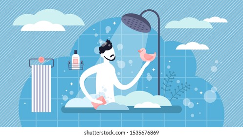 Daily life showering vector illustration. Flat tiny hygiene persons concept. Everyday personal beauty, cleanness and healthcare with soap in bath. Morning or evening cosmetics routine activity scene.