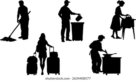 Daily Life Silhouettes of Housework, Cooking, Laundry, Travel, and Home Activities Vector Set