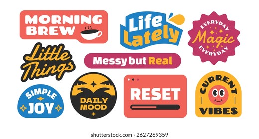 Daily life stickers collection. Y2k style design Gen z and millenials caption for video editing or social media