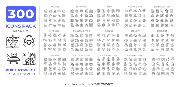 Daily life and technology line icons set collection. Education, ecology. IoT utilities, money, lifestyle mega pack of linear pictograms, pixel perfect. Isolated vector illustrations. Editable stroke