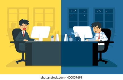 Daily life of tired businessman at work | Exhausted office worker on his desk.