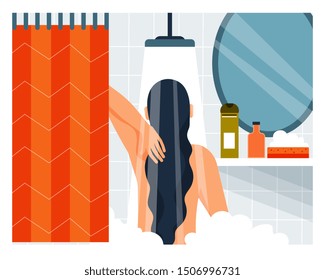 Daily life. Woman taking a shower. Vector illustration. Cartoon character