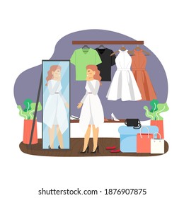 Daily life. Women clothing store, fashionable boutique. Happy girl trying on white dress in front of mirror, flat vector illustration. Daily routine, everyday activities.