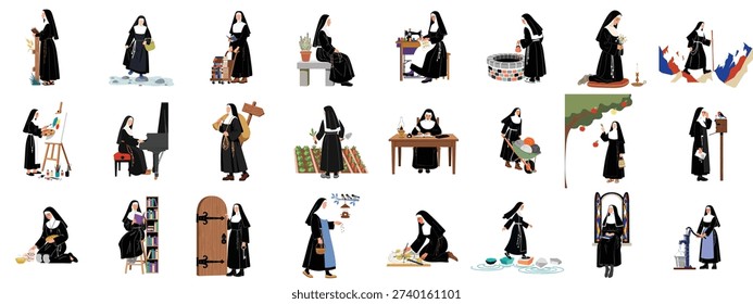 Daily life and work of nuns set: a detailed vector collection showing sisters engaged in spiritual, domestic, artistic, and charitable activities.