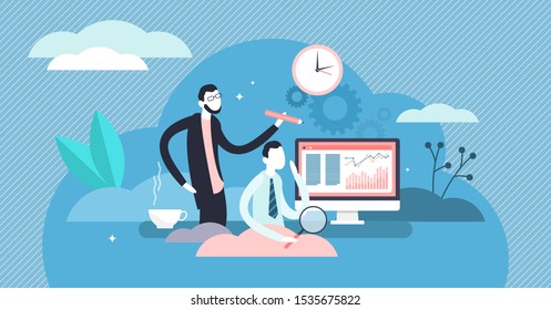 Daily life work vector illustration. Flat tiny job routine persons concept. Professional workplace office scene with labor and boss assignment process. Corporate project development with employee duty