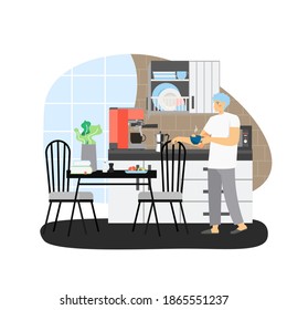 Daily life. Young man having breakfast, flat vector illustration. Male cartoon character eating healthy meal and drinking coffee. Daily morning routine, everyday activities, healthy lifestyle.