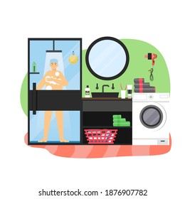 Daily life. Young man taking shower in bathroom, flat vector illustration. Daily morning routine, everyday activities.