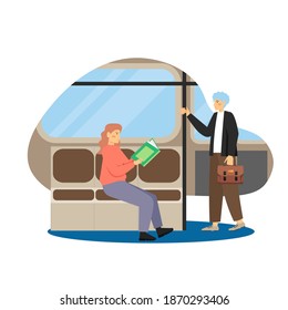 Daily Life. Young Man And Woman Commuting To And From Work, Flat Vector Illustration. Passengers In Metro Train. Daily Morning, Evening Routine, Everyday Activities.