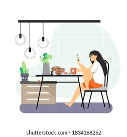 Daily life. Young woman having breakfast at home, flat vector illustration. Happy girl sitting at table, eating, drinking coffee and using smartphone. Daily morning routine, everyday activities.