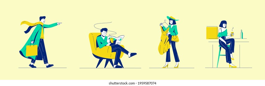 Daily Lifestyle of a woman and man set. girl is shopping, men is reading a newspaper. men are looking for something. Girls with drink. illustration in cartoon style