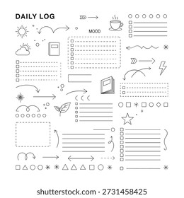Daily Log Bullet Journal Elements With Sun Cloud Book Arrows And Checklist Keywords daily log, bullet journal, planner, checklist, to do list, sun, cloud, book, arrows, lines, circles, stars.