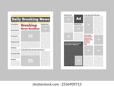 Daily magazine design template. Graphical layout newspaper template with text and picture placeholder