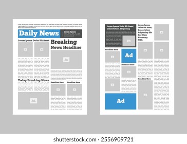 Daily magazine design template. Graphical layout newspaper template with text and picture placeholder