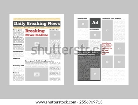 Daily magazine design template. Graphical layout newspaper template with text and picture placeholder