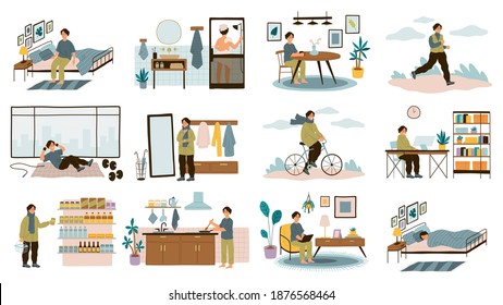 Daily man routine. Everyday young guy life activities, male leisure and work, home and office, sport and walk, sleep and breakfast. Different everyday situations. Vector cartoon isolated concept set