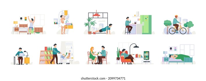 Daily man routine. Happy morning, guy relaxation and activity. Weekdays schedule. Wakes-up and fitness exercises. Breakfast and bike ride. Buying in supermarket. Vector