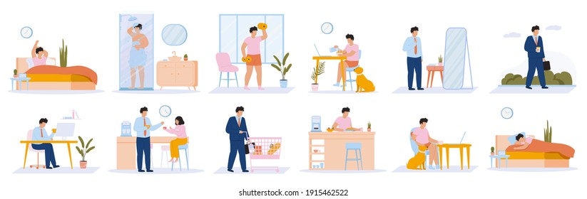 Rutina de hombre diario. Jóvenes de todos los días de ocio y actividades laborales, comer, trabajar, dormir. Conjunto de ilustraciones vectoriales de escenas de la vida humana de programación diaria