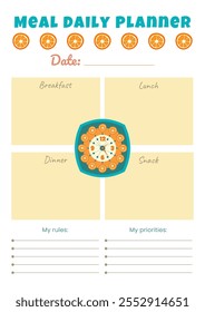 Daily meal plan template with decorative element in the form of a clock with orange circles around the dial. Vertical A4 format.