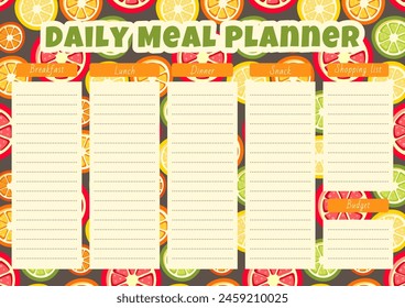 Daily meal planner with citrus fruit pattern. Vector illustration. Flat design