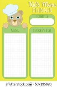 Daily meal planner, Kids menu planner template with date, grocery list schedule and funny bear wearing cook hat