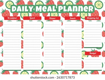 Daily meal planner template on a pattern of strawberries and lime slices with a place for notes. Horizontal A4 sheet.