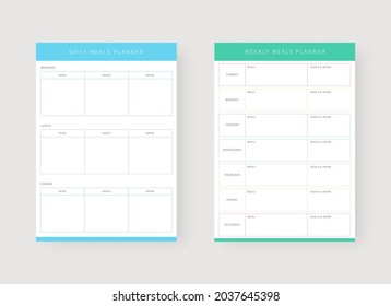 Daily meals and weekly meals planner template. Set of planner and to do list. Modern planner template set. Vector illustration.