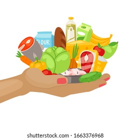 Daily menu products, meal for every day healthy food on hand cartoon vector illustration. Vegetables, fish, bread, meat and fruits daily menu breakfast, luch and dinner for healthy lifestyle.