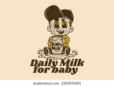 Daily milk for baby, vintage drawing of baby character holding a glass of milk