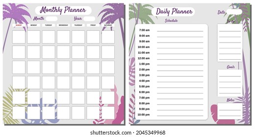 Daily, Monthly, Planner Set template vector. Palms floral decoration background, schedule, To Do list, goals, notes. Business notebook management, organizer