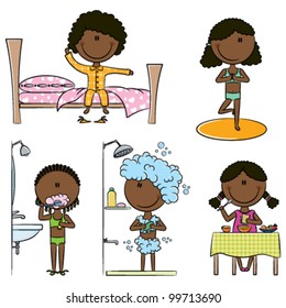 Daily Morning African-American Girls Life including wake up, yoga, teeth cleaning, shower and breakfast