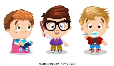 Daily morning or bedtime routine of little boys. Cartoon cute children brush tooth, comb hair, go to lavatory, sit on potty. Concept of kid`s hygiene. Cartoon set isolated on white background.