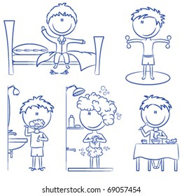 Daily Morning Boys Life including wake up, morning exercises, teeth cleaning, shower and breakfast