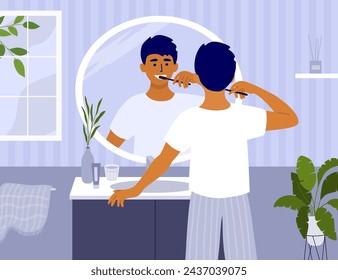 Daily morning and evening routine. Man standing in front of bathroom mirror brushing teeth tooth brush. Male taking care of dental health. Oral hygiene, white teeth healthy smile vector illustration