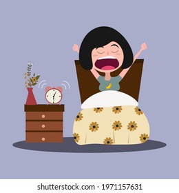 Daily Morning Life. Little girl yawns in bed. Vector illustration. Great for children's book pictures.