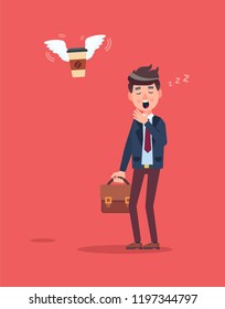 Daily Morning Life. Yawning sleepy man with flying cup of coffee. Vector illustration in a cartoon style