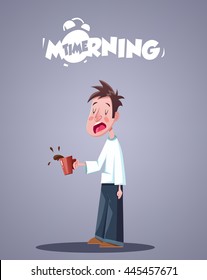 Daily Morning Life. Yawning Sleepy Man With Cup Of Coffee. Vector illustration