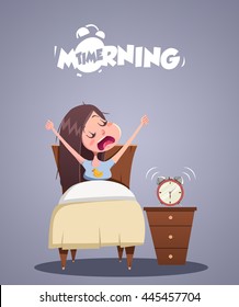 Daily Morning Life. Young girl yawns in bed. Vector illustration