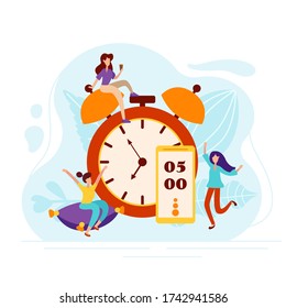 Daily morning man rise under the alarm clock on the phone. Charging on the pillow and cheerful mood characters in flat style. Vector illustration.