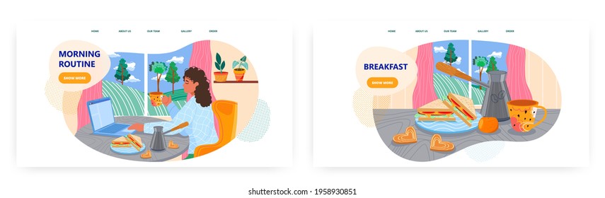 Daily morning routine landing page design, website banner vector template set.