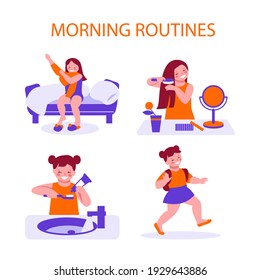 The daily morning routine of a little girl, she wakes up, combes her hair, washes, dresses and goes to school kindergarten . Set of vector illustrations in flat cartoon style.